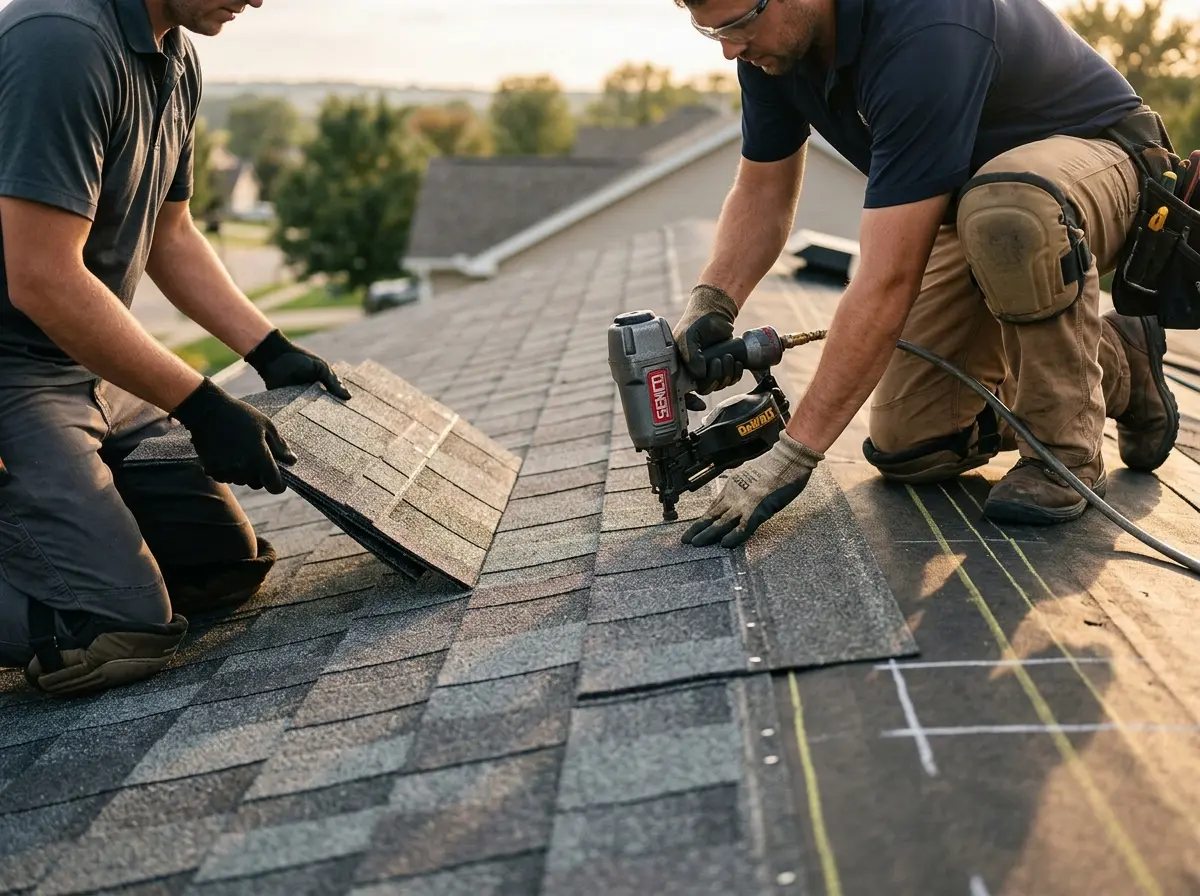 Professional roofer working on a residential roof in Lawton